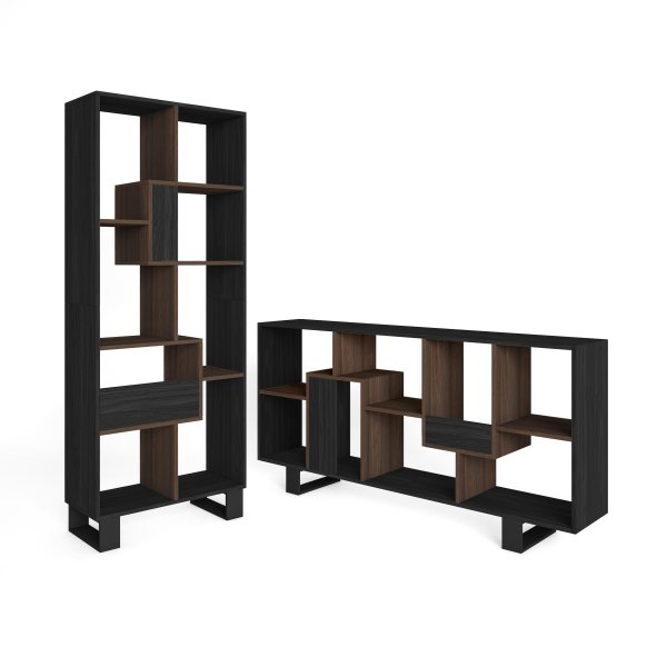 Bibliothèque étagère murale 174x67x31 cm design industriel noir et chêne foncé, étagère sombre pour salon et bureau
